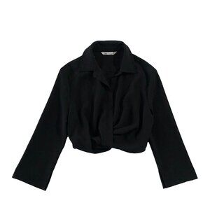 Zara Blouse Womens Size M Black Long Sleeve Faux Twist Front Wrap Cropped